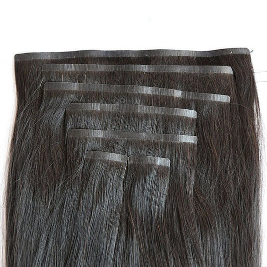 Seamless straight clip-in hair extensions in natural black, adding instant volume and length for a flawless, natural look.